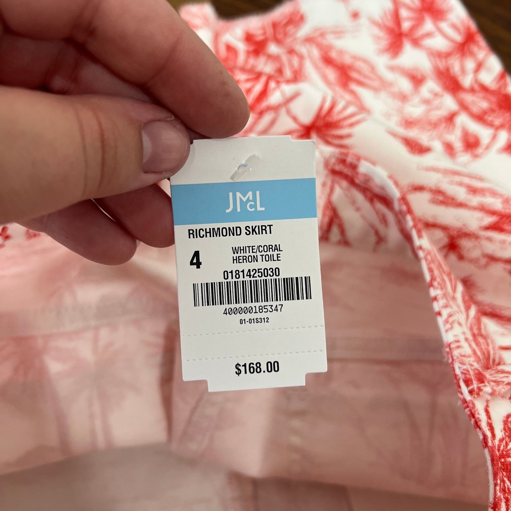 J Mclaughlin Richland Skirt 4 NWT $168 Knee Pencil Denim Heron Toile Coral White - Picture 7 of 9